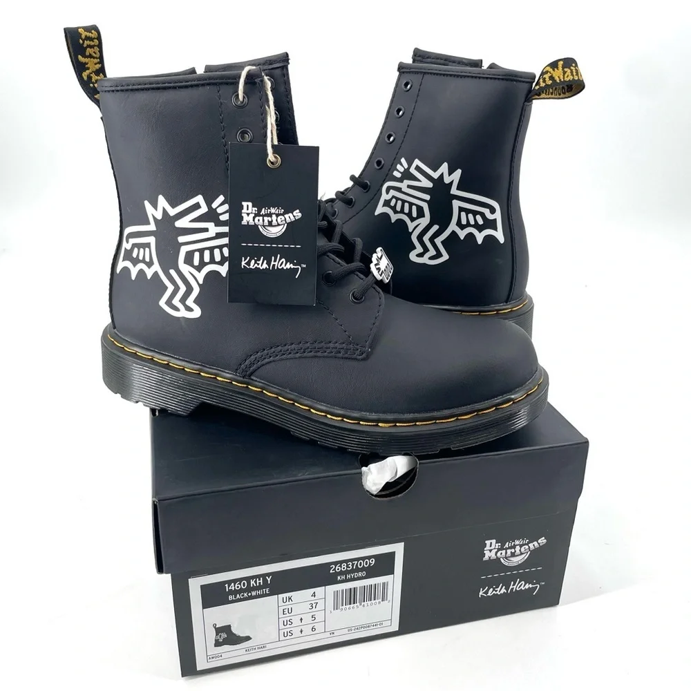 Dr. Martens 1460 Keith Haring Black Hydro Leather Lace Up Combat Boot NEW - Picture 1 of 7